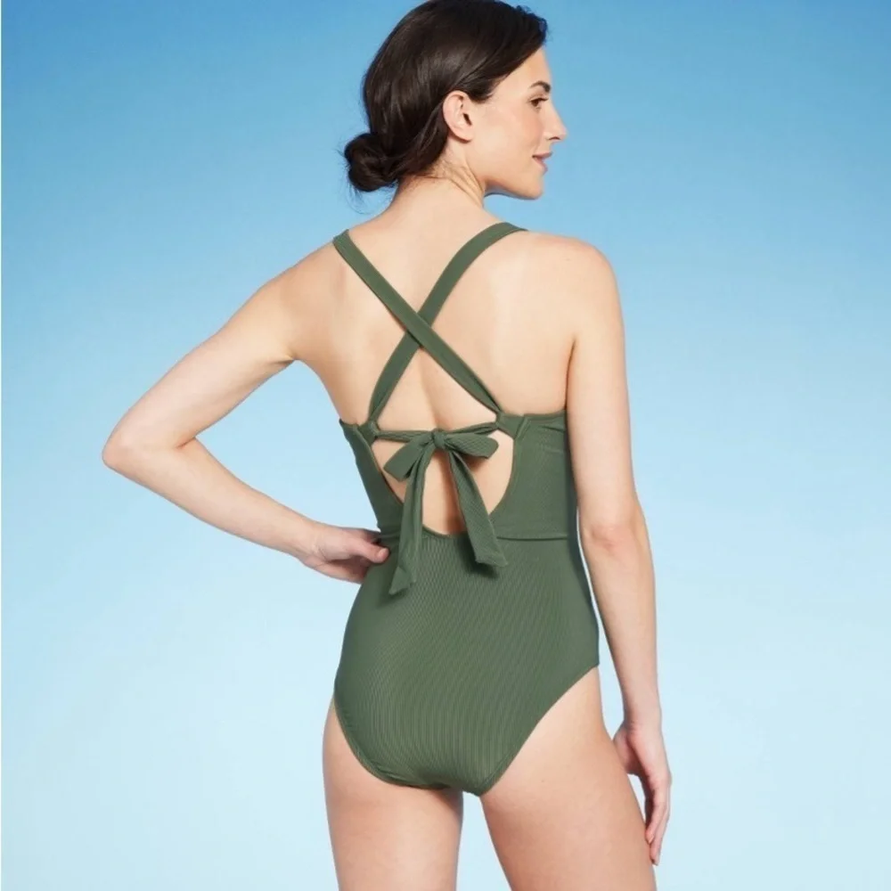Ribbed Plunge Ring Detail Swimsuit Dark Green Adjustable Straps, Crisscross Back